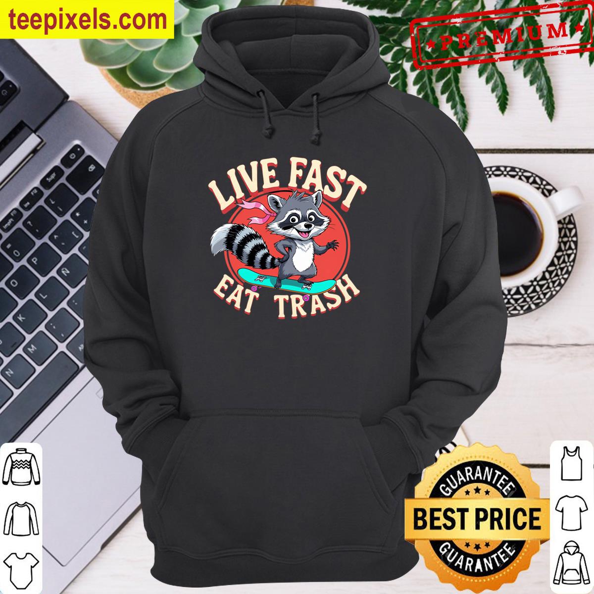 Funny Raccoon Skateboarding Cartoon Live Fast Eat Trash Design Oversized Tee Shirt