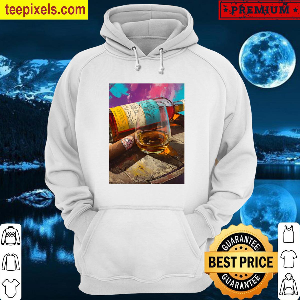 Golden Whiskey And Cigar On Barrel Display Rich Pink Blue And Yellow Hues In A Bold Celebration Tee Shirt