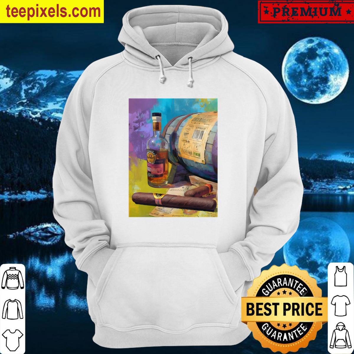Whiskey Barrel And Bottle With Cigars On Papers Vibrant Multicolored Backdrop Of Luxury Tee Shirt