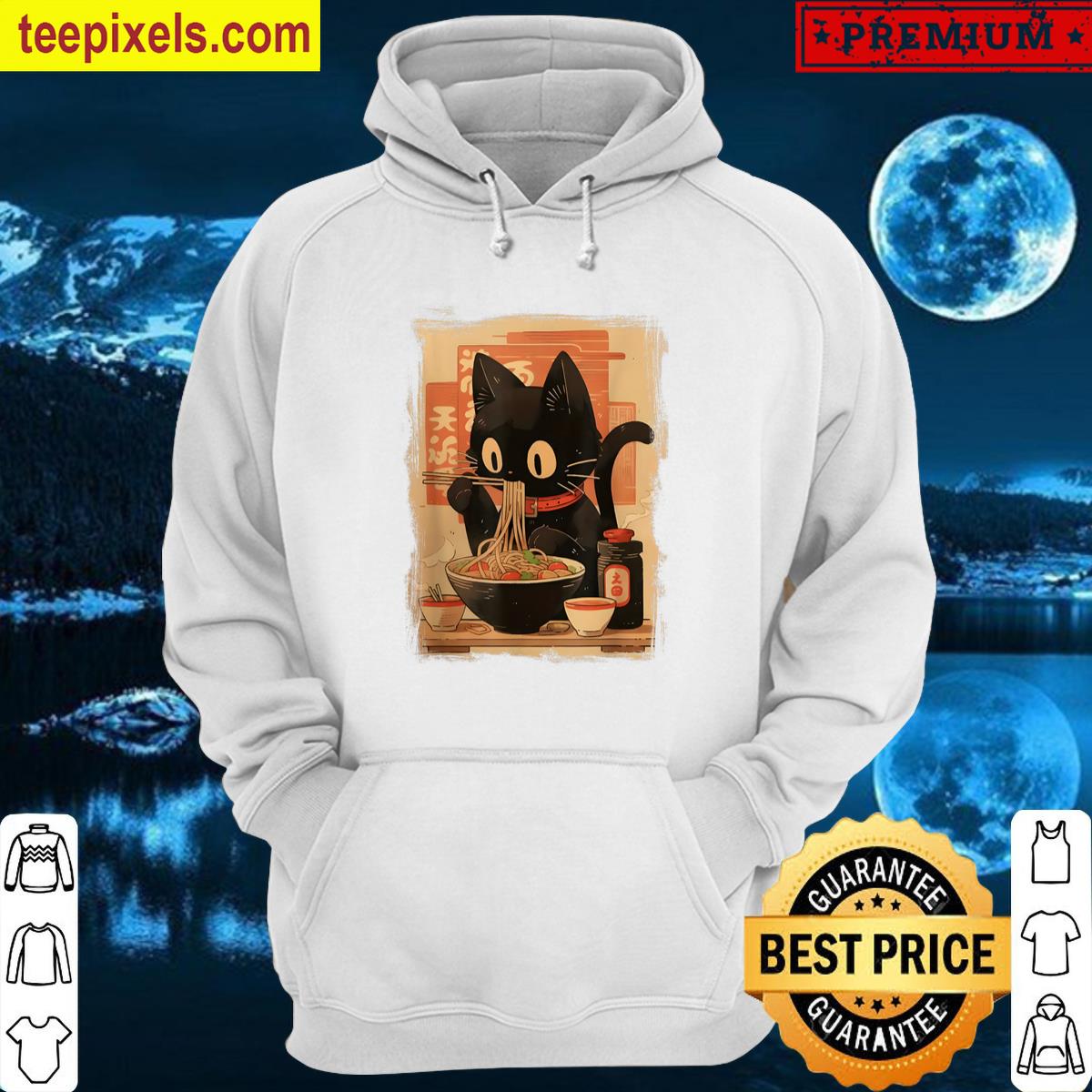 Black Cat Eating Ramen Japanese Kawaii Adorable Cat Artwork Tee Shirt